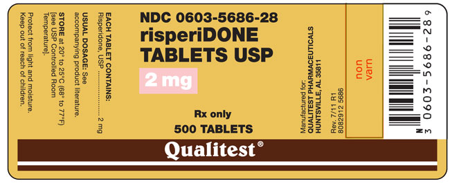 This is an image of the label for risperiDONE Tablets 2 mg 500 count.