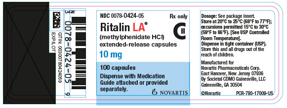 PRINCIPAL DISPLAY PANEL          NDC 0078-0424-05          Rx only          Ritalin LA®          (methylphenidate HCl)          extended-release capsules          10 mg          100 tablets          Dispense with Medication Guide attached or provided separately.          NOVARTIS