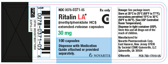 PRINCIPAL DISPLAY PANEL          NDC 0078-0371-05          Rx only          Ritalin LA®          (methylphenidate HCl)          extended-release capsules          30 mg          100 tablets          Dispense with Medication Guide attached or provided separately.          NOVARTIS