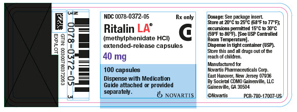 PRINCIPAL DISPLAY PANEL          NDC 0078-0372-05          Rx only          Ritalin LA®          (methylphenidate HCl)          extended-release capsules          40 mg          100 tablets          Dispense with Medication Guide attached or provided separately.          NOVARTIS