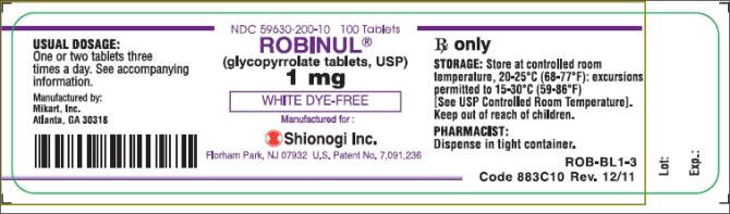 PRINCIPAL DISPLAY PANEL NDC 59630-200-10   100 Tablets ROBINUL® (glycopyrrolate tablets, USP) 1 mg