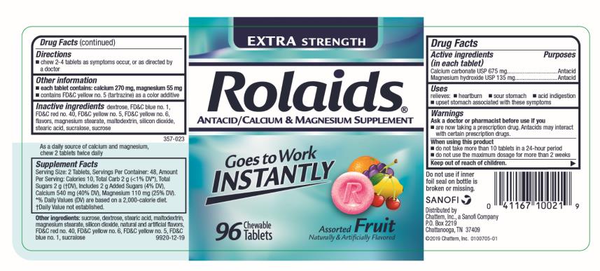 EXTRA STRENGTH
Rolaids®
ANTACID/ CALCIUM & MAGNESIUM SUPPLEMENT
Goes to Work
INSTANTLY 
96 Chewable Tablets
Assorted Fruit
