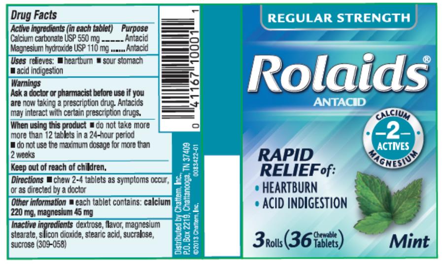 REGULAR STRENGTH 
Rolaids®
ANTACID
Rapid Relief of:
Heartburn
Acid Indigestion
3 Rolls 
36 Chewable Tablets
Mint 
