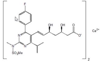 The following structural formula for rosuvastatin calcium is bis[(E)-7-[4-(4-fluorophenyl)-6-isopropyl-2- [methyl(methylsulfonyl)amino] pyrimidin-5-yl](3R,5S)-3,5-dihydroxyhept-6-enoic acid].