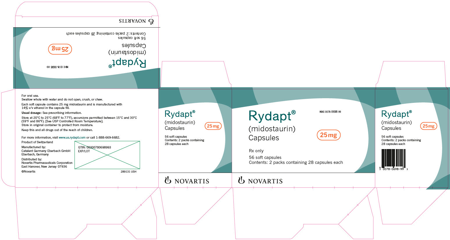 PRINCIPAL DISPLAY PANEL
								Rydapt®
								NDC 0078-0698-99
								(midostaurin) Capsules
								25 mg
								Rx only
								56 soft capsules
								Contents: 2 packs containing 28 capsules each
								NOVARTIS
							