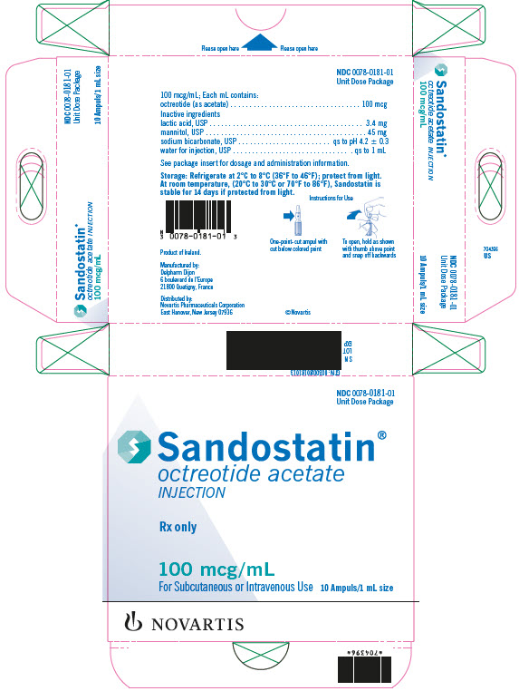 PRINCIPAL DISPLAY PANEL
							NDC 0078-0181-01
							Unit Dose Package
							Sandostatin®
							octreotide acetate
							INJECTION
							Rx only
							100 mcg/mL
							For Subcutaneous or Intravenous Use
							10 Ampuls/1 mL size
							NOVARTIS
							