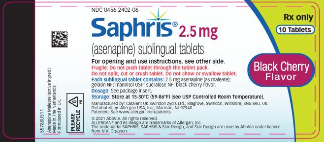 PRINCIPAL DISPLAY PANEL
NDC 0456-2402-06
Rx only
10 Tablets
Saphris® 2.5 mg
(asenapine) sublingual tablets
For opening and use instructions, see other side.
Black Cherry Flavor
