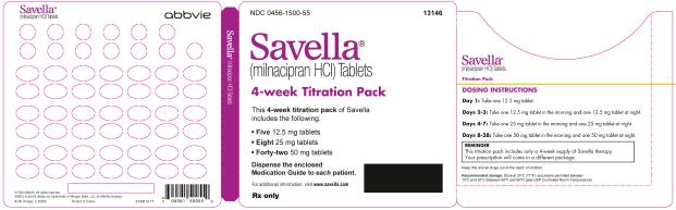 PRINCIPAL DISPLAY PANEL
NDC 0456-1500-55
Savella®
(milnacipran HCI) Tablets
4-week Titration Pack
This 4-week titration pack of Savella
includes the following:
•	Five 12.5 mg tablets
•	Eight 25 mg tablets
•	Forty-two 50 mg tablets
Dispense the enclosed Medication Guide to each patient.
For additional information, visit www.savella.com
Rx only
abbvie
