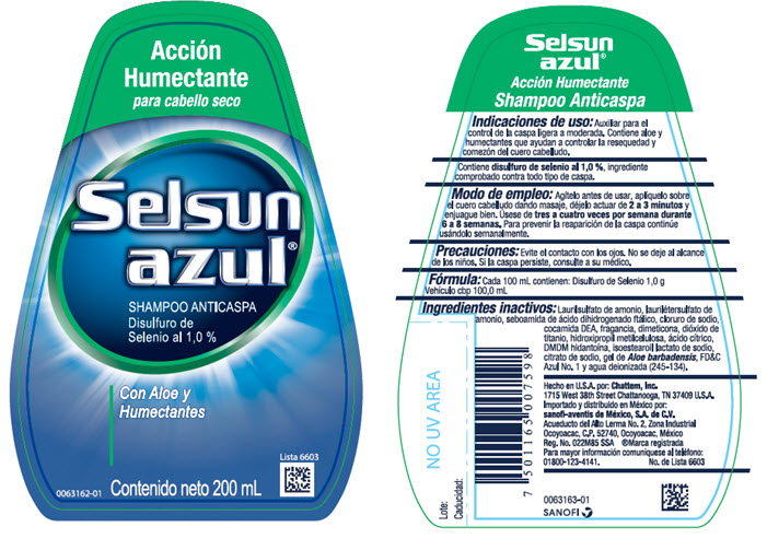 Acción Humectante para cabello seco Selsun azul® SHAMPOO ANTICASPA Disulfuro de Selenio al 1,0% Contenido neto 200 mL