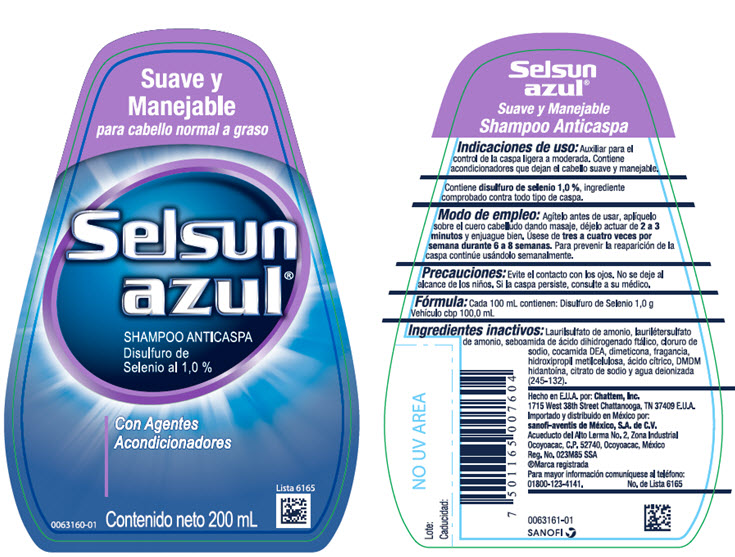 Suave y Manejable para cabello normal a graso Selsun azul® SHAMPOO ANTICASPA Disulfuro de Selenio al 1,0% Contenido neto 200 mL