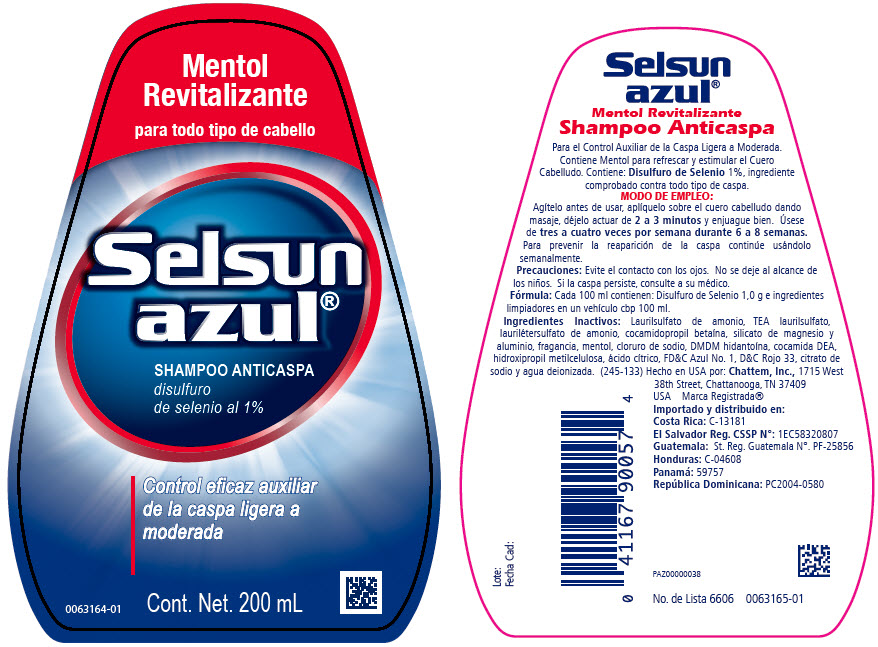 Mentol Revitalizante Para todo tipo de cabello Selsun Azul® Shampoo Anticaspa Disulfuro de selenio al 1% Control eficaz auxiliar de la caspa ligera a moderada Cont. Net. 200 mL