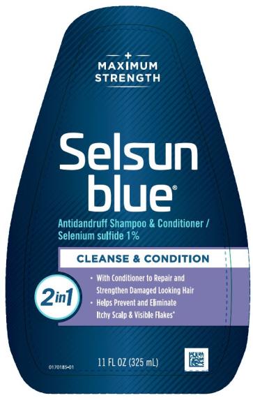 PRINCIPAL DISPLAY PANEL
+
MAXIMUM
STRENGTH
Selsun
blue®
Antidandruff Shampoo & Conditioner/
Selenium sulfide 1%
CLEANSE & CONDITION
11 FL OZ (325 mL)
