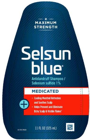 PRINCIPAL DISPLAY PANEL
+
MAXIMUM
STRENGTH
Selsun
blue®
Antidandruff Shampoo/
Selenium sulfide 1%
MEDICATED
11 FL OZ (325 mL)
