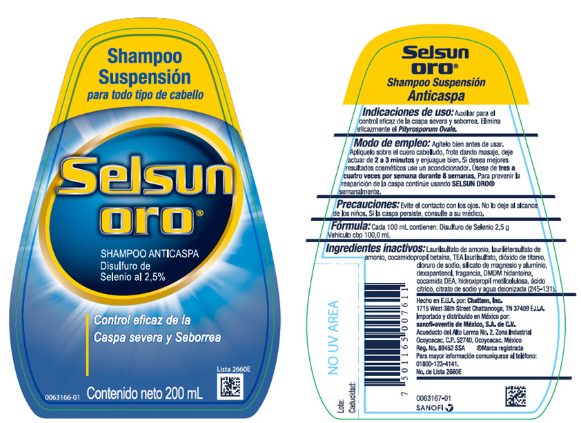 Shampoo Suspensión para todo tipo de cabello Selsun oro® SHAMPOO ANTICASPA Disulfuro de Selenio al 2,5% Contenido neto 200 mL