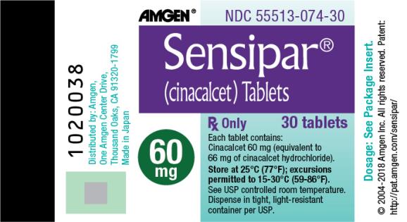 PRINCIPAL DISPLAY PANEL
AMGEN®
NDC 55513-074-30
Sensipar®
(cinacalcet ) Tablets
Rx Only 
30 tablets
60 mg
Each tablet contains :
Cinacalcet 60 mg (equivalent to 66 mg of cinacalcet hydrochloride).
Store at 25°C (77°F); excursions permitted to 15-30°C (59-86°F).
See USP controlled room temperature.
Dispense in tight, light-resistant container per USP.
Dosage : See Package Insert.
© 2004-2018 Amgen Inc. All rights reserved.
Patent : http://pat.amgen.com/sensipar/
Distributed by : Amgen,
One Amgen Center Drive,
Thousand Oaks, CA 91320-1799
Made in Japan
