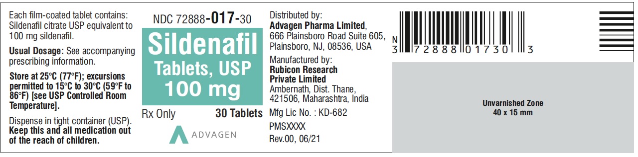 Sildenafil Tablets 100 mg - NDC 72888-017-30 - 30 Tablets Label