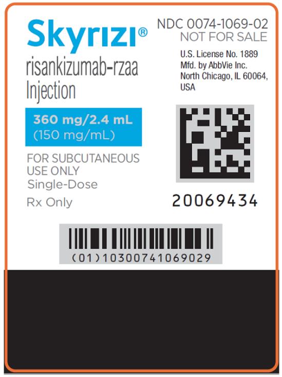 NDC 0074-1069-02
NOT FOR SALE
Skyrizi®
Risankizumab-rzaa
Injection
360 mg/2.4 mL
(150 mg/mL)
FOR SUBCUTANEOUS USE ONLY
Single-Dose
Rx Only
