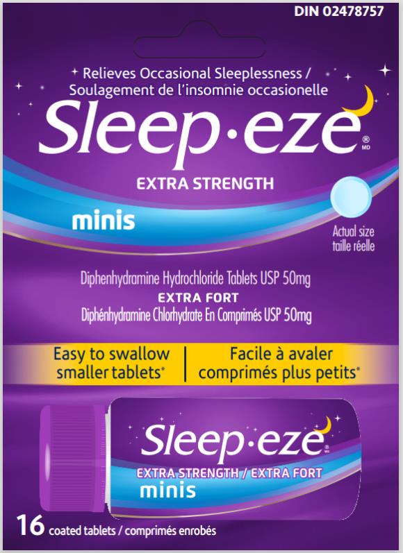PRINCIPAL DISPLAY PANEL

Sleep•eze® MD
extra strength minis
DIPHENHYDRAMINE HYDROCHLORIDE TABLETS USP 50 mg

extra fort
DIPHÉNHYDRAMINE CHLORHYDRATE EN COMPRIMÉ USP 50 mg
nighttime sleep aid / la solution contre insomnie

16 coated tablets/ comprimes enrobes


DIN 02478757
