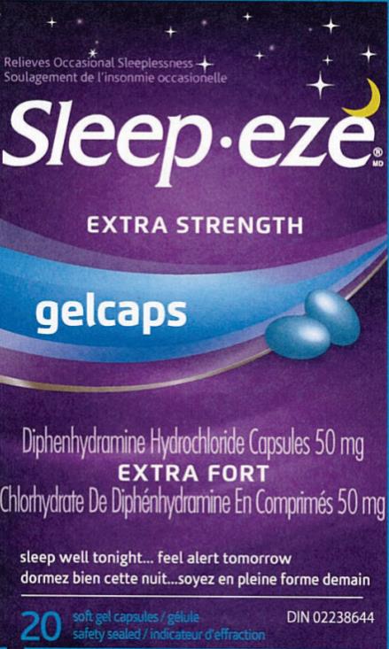 Sleep•eze® MD
extra strength 
Gel Caps
DIPHENHYDRAMINE HYDROCHLORIDE CAPSULES 50 mg
20 soft gel capsules


DIN 02238644
