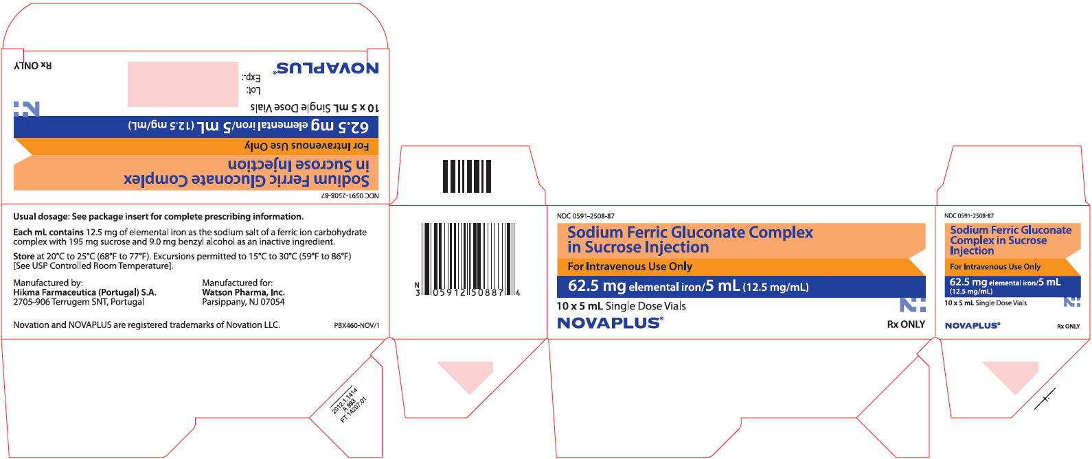 NDC 0591-2508-87 Sodium Ferric Gluconate Complex in Sucrose Injection For Intravenous Use Only 62.5 mg elemental iron/5 mL (12.5 mg/mL) 10 x 5 mL Single Dose Vial NOVAPLUS®