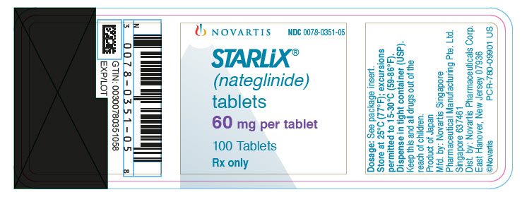 Package Label – 60 mg per tablet
Rx Only		NDC 0078-0351-05
Starlix® (nateglinide) tablets
60 mg per tablet
100 Tablets