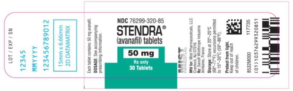 PRINCIPAL DISPLAY PANEL
NDC 76299-320-85
STENDRA
(avanafil) tablets
50 mg
Rx Only
30 Tablets
