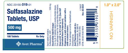 NDC 23155- 019-01
Sulfasalazine Tablets, USP
500 mg
Rx Only
100 Tablets
