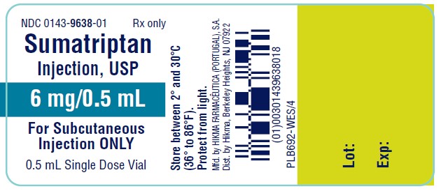NDC 0143-9638-01 SUMATRIPTAN INJECTION, USP 6 mg (base)/0.5 mL FOR SUBCUTANEOUS INJECTION ONLY Rx ONLY 0.5 mL Single Dose Vial Store between 2º and 30ºC (36º to 86ºF). Protect from light.