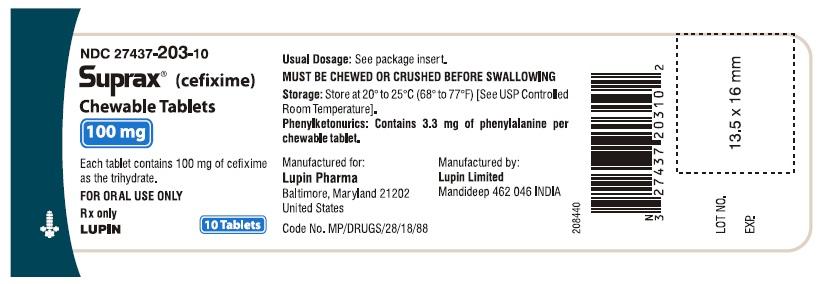 SUPRAX (CEFIXIME) CHEWABLE TABLETS
Rx Only
100 mg
NDC 27437-203-10
BOTTLE LABEL
							10 TABLETS