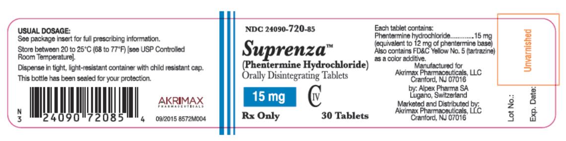 NDC 24090-720-85 SuprenzaTM (Phentermine Hydrochloride) Orally Disintegrating Tablets 15 mg Rx Only 30 Tablets CIV