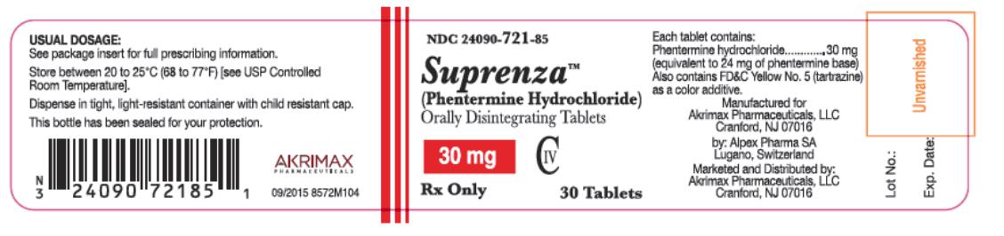 NDC 24090-721-85 SuprenzaTM (Phentermine Hydrochloride) Orally Disintegrating Tablets 30 mg Rx Only 30 Tablets CIV