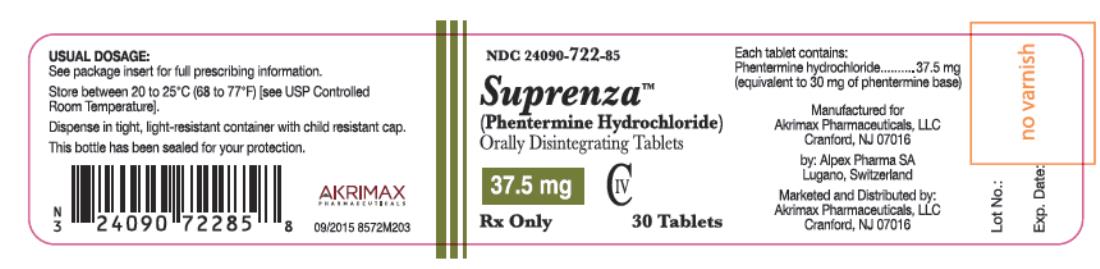 NDC 24090-722-85 SuprenzaTM (Phentermine Hydrochloride) Orally Disintegrating Tablets 37.5 mg Rx Only 30 Tablets CIV
