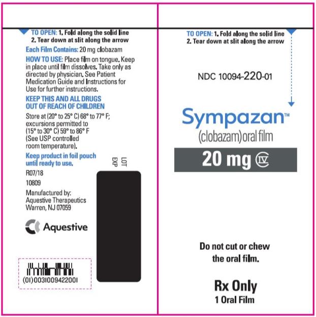 PRINCIPAL DISPLAY PANEL
NDC 10094-220-01
Sympazan
(clobazam) Oral film
20 mg
Rx Only
1 Oral films

