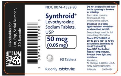 NDC 0074-4552-90 
Synthroid®
Levothyroxine 
Sodium Tablets, 
USP 
50 mcg 
(0.05 mg) 
90 Tablets 
Rx only abbvie 
