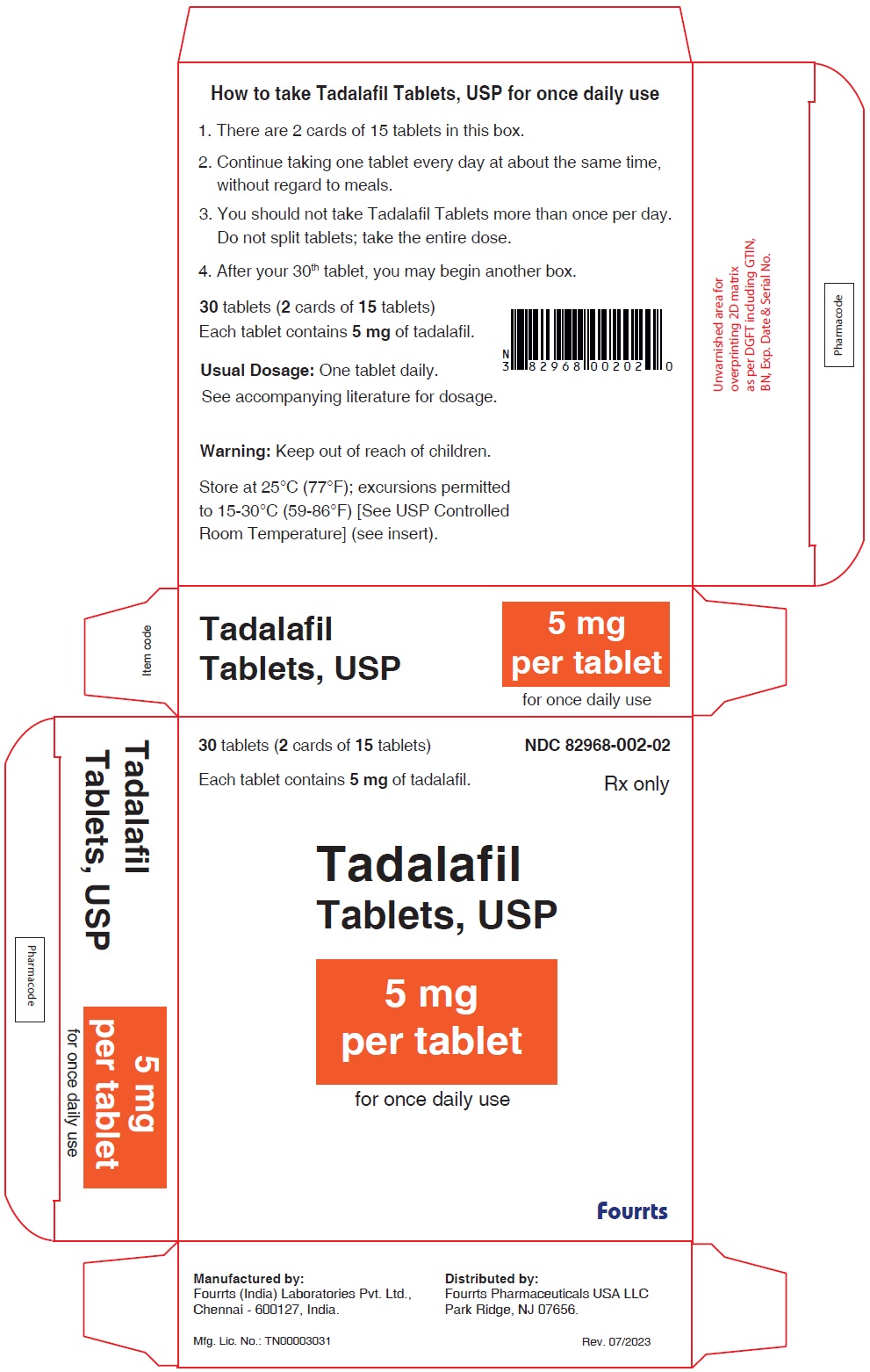 Tadalafil Tablet USP 5mg - NDC - 82968-002-02- 30s-Carton Label