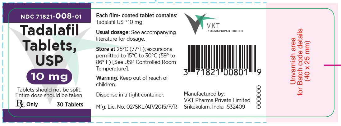 Tadalafin tablets,USP,10 mg - NDC-71821-008-01 - 30s Bottle Label
