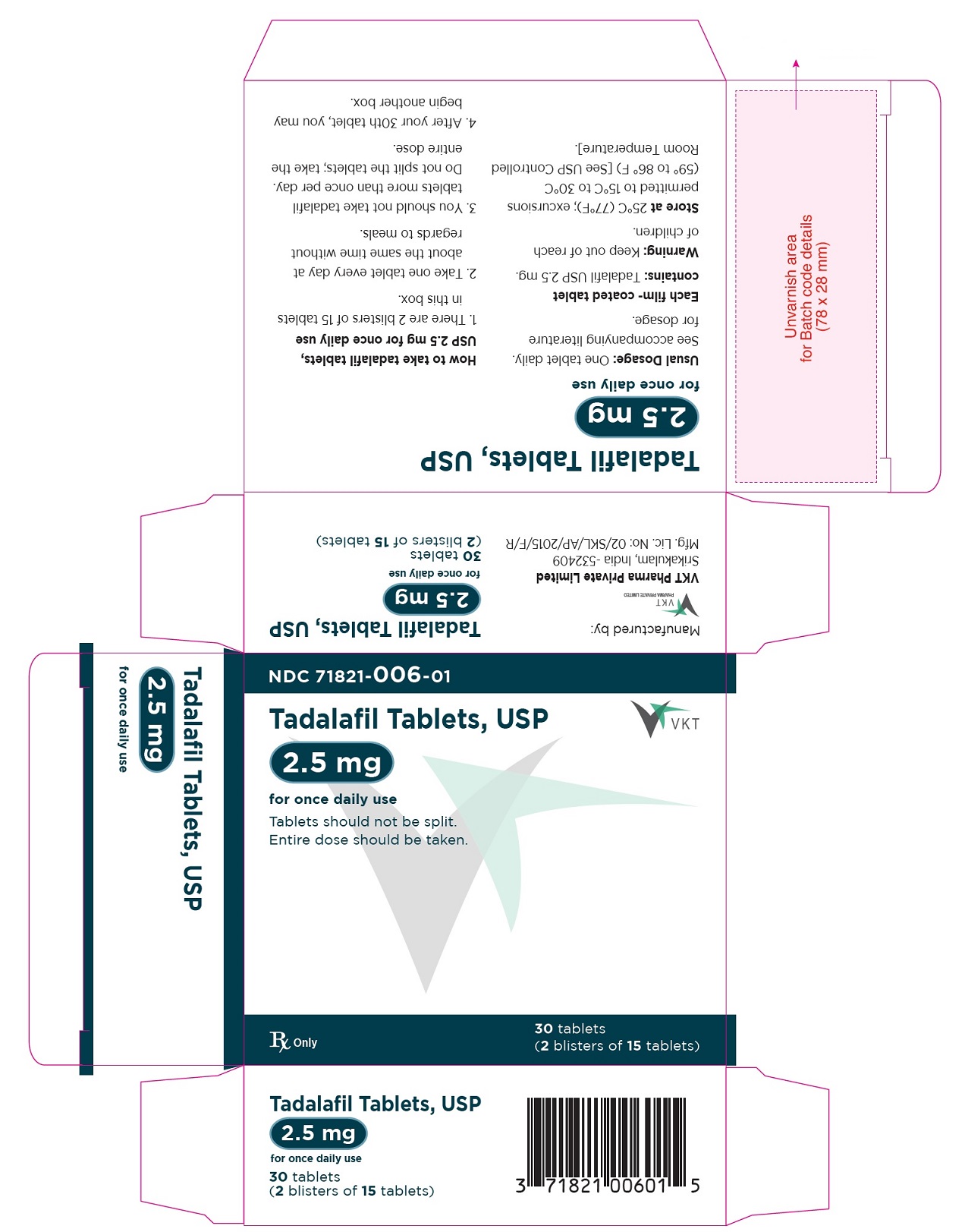 Tadalafin tablets,USP,2.5 mg - NDC-71821-006-01 - Carton Label