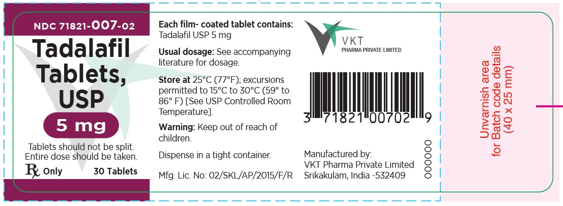 Tadalafin tablets,USP,5 mg - NDC-71821-007-02 - 30s-Bottle Label