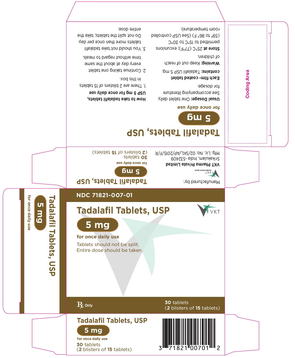 Tadalafin tablets,USP,5 mg - NDC-71821-007-01 - Carton Label