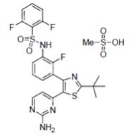 The following chemical structure for Dabrafenib mesylate is a kinase inhibitor. The chemical name for dabrafenib mesylate is N-{3-[5-(2-amino-4-pyrimidinyl)-2-(1,1-dimethylethyl)-1,3-thiazol-4-yl]-2-fluorophenyl}-2,6-difluorobenzene sulfonamide, methanesulfonate salt. It has the molecular formula C23H20F3N5O2S2•CH4O3S and a molecular weight of 615.68.