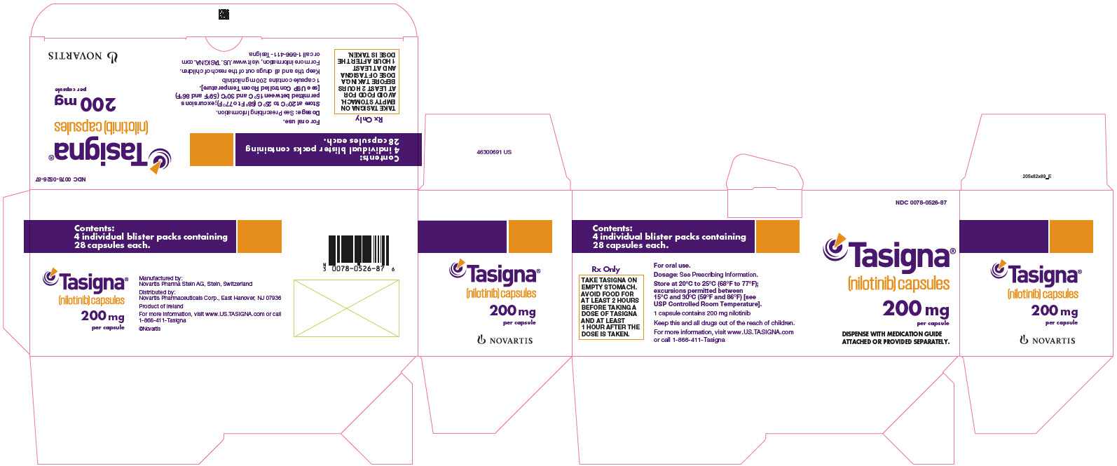 PRINCIPAL DISPLAY PANEL
								NDC 0078-0526-87
								Tasigna®
								(nilotinib) capsules
								200 mg per capsule
								DISPENSE WITH MEDICATION GUIDE ATTACHED OR PROVIDED SEPARATELY.
								NOVARTIS
							