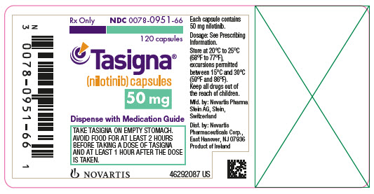  PRINCIPAL DISPLAY PANEL NDC 0078-0951-66 120 Capsules Rx Only Tasigna® (nilotinib) capsules 50 mg Dispense with Medication Guide NOVARTIS 