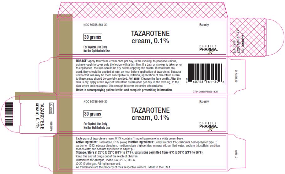 PRINCIPAL DISPLAY PANEL
NDC 60758-561-30
TAZAROTENE
cream, 0.1%
30 grams
For topical Use Only
Not for Ophthalmic Use
Rx Only
