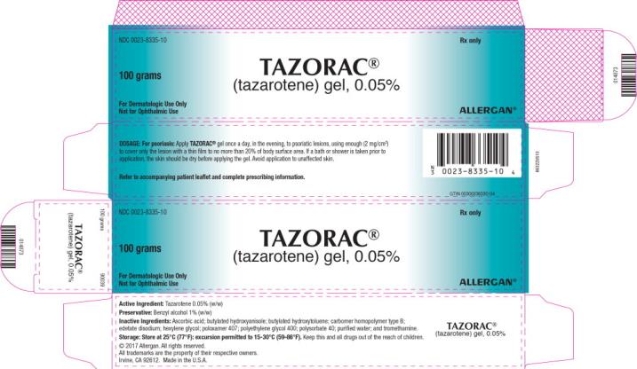 NDC 0023-8335-10
Rx only
TAZORAC
(tazarotene)gel, 0.05%
100 grams
For Dermatologic Use Only
Not for Ophthalmic Use
Allergan
