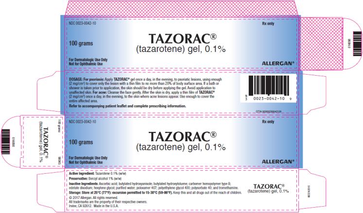 NDC 0023-0042-10
Rx only
TAZORAC
(tazarotene)gel, 0.1%
100 grams
For Dermatologic Use Only
Not for Ophthalmic Use
Allergan

