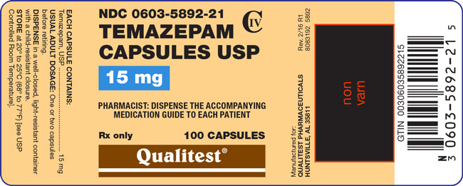 The label for Temazepam Capsules USP 15 mg 100 capsules.