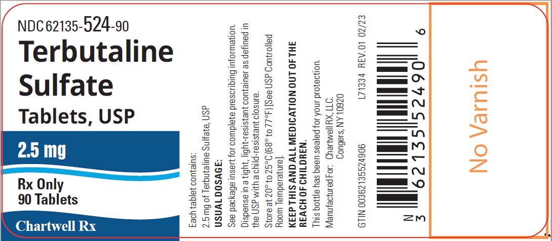 Terbutaline sulfate Tablets, USP 2.5 mg- NDC 62135-524-90 - 90 Tablets label
