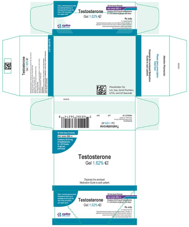 NDC 68382-362-14 
Clear, colorless gel provides transdermal delivery of testosterone through the skin of the shoulders, and upper arms*
Testosterone Gel 1.62% CIII 
30 Unit-dose Packets 
Contains 20.25 mg of testosterone in 1.25 Grams of gel per unit dose 
Rx only 
For Topical Use Only 
Topical testosterone products may have different doses, strengths, or application instructions that may result in different systemic exposure. Dispense the enclosed Medication Guide to each patient. 
*See accompanying package insert. 
zydus