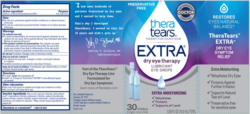 Principal Display Panel Text for Carton Label:
PRESERVATIVE
FREE
RECOMMENDED
DOCTOR
CREATED
thera
tears®
THERAPY FOR YOUR EYES®
EXTRA®
dry eye therapy
LUBRICANT
EYE DROPS
EXTRA MOISTURIZING
√ Rehydrates
√ Protects
√ Supports pH Level
30 STERILE
Single-Use Vials 0.60 FL OZ (18.0 mL) TOTAL
