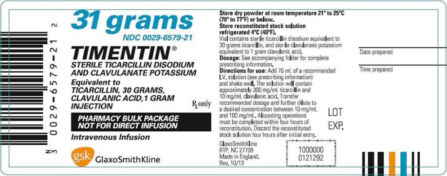 31 gram Timentin pharmacy bulk vial label